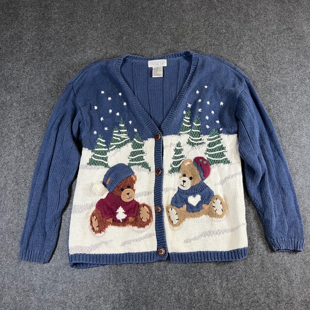 Mandal Bay‎ Vintage Teddy Bear Winter Christmas Cardigan Sweater Blue Large